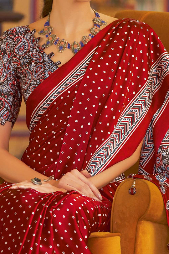 Anu Red Crepe Bandhani Ready To Wear One Minute Saree