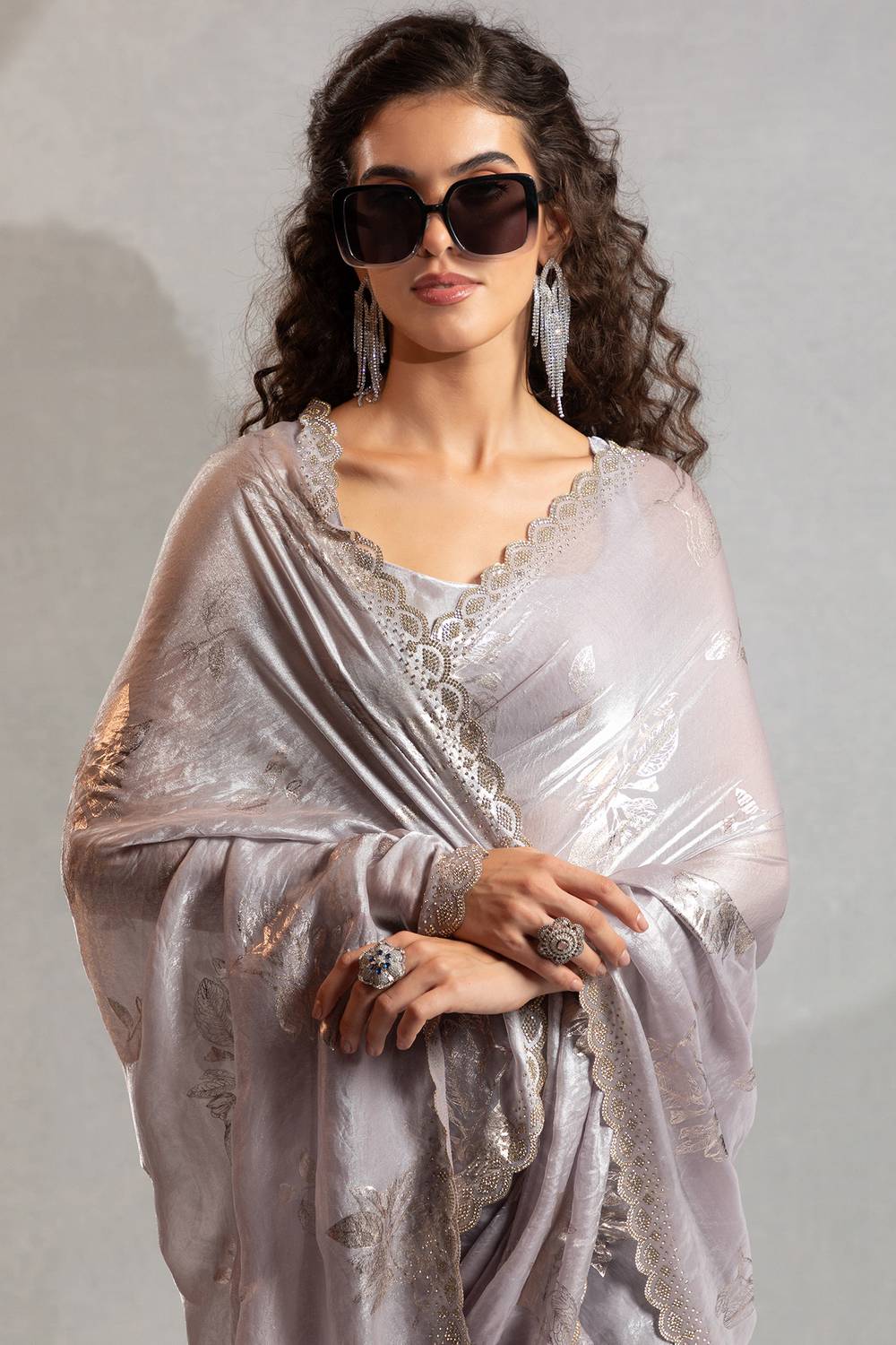 Shelley Grey Satin Silk Beads & Stone Embellished Ready to Wear One Minute Saree