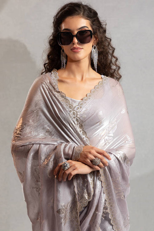 Shelley Grey Satin Silk Beads & Stone Embellished Ready to Wear One Minute Saree