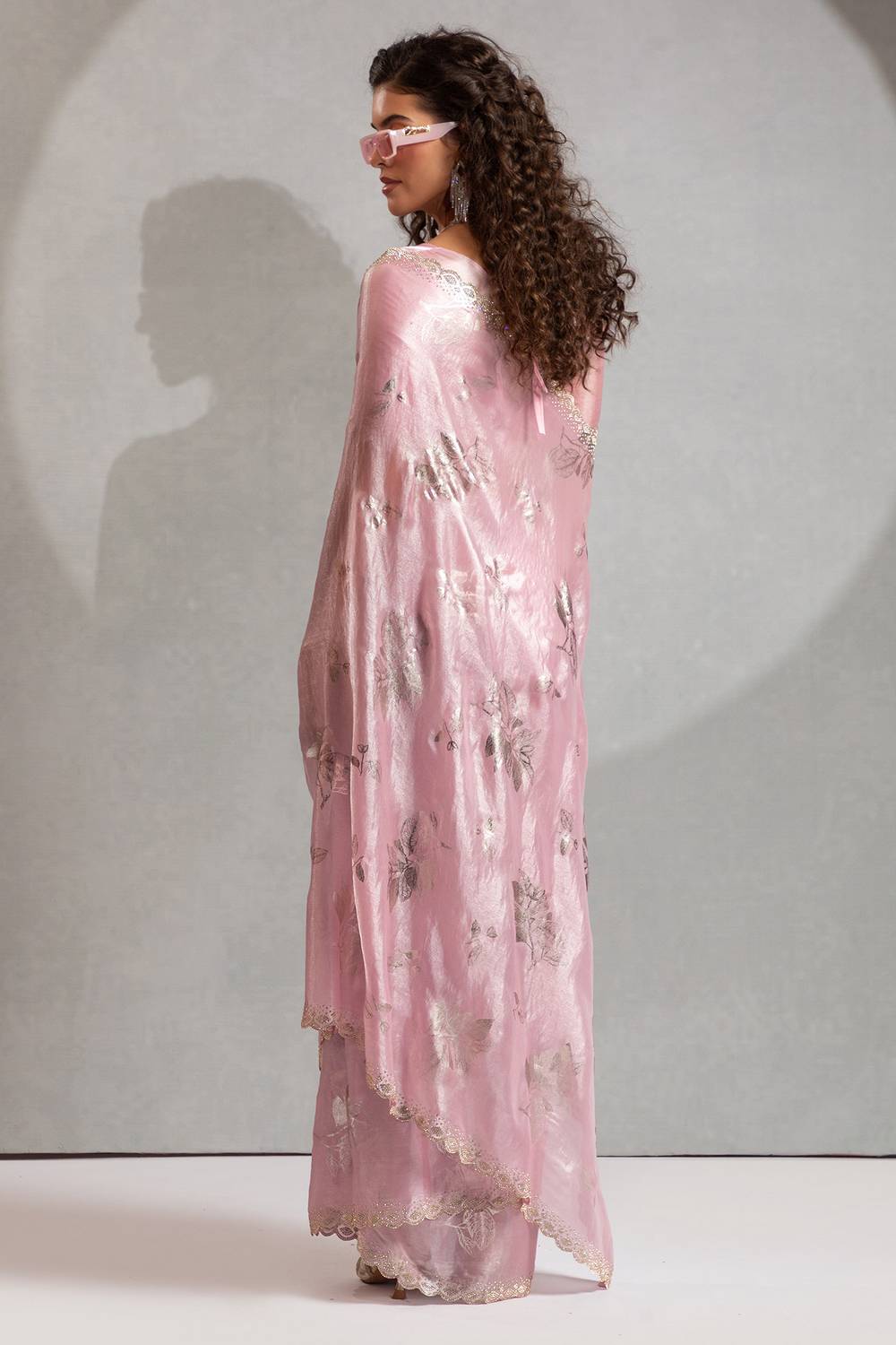 Shelley Pastel Pink Satin Silk Beads & Stone Embellished Ready to Wear One Minute Saree