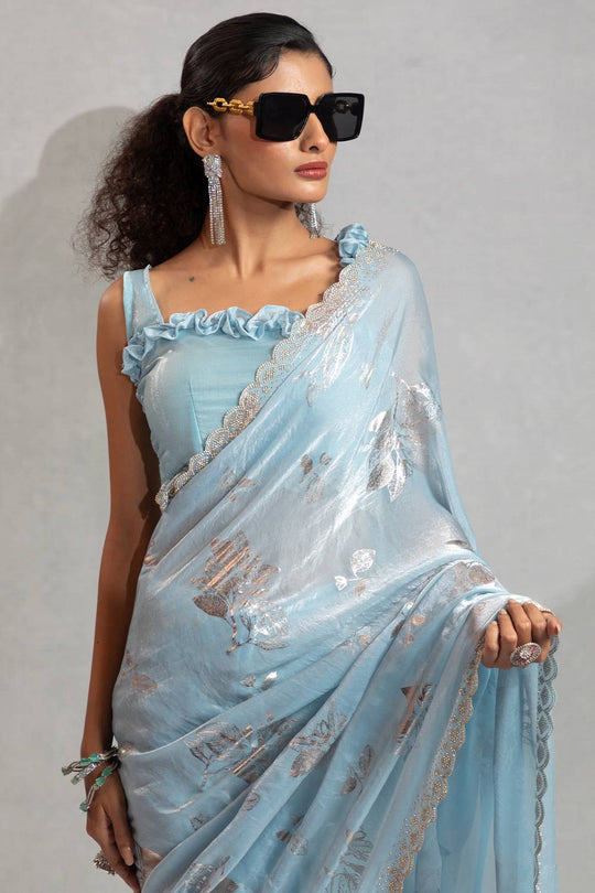 Shelley Blue Satin Silk Beads & Stone Embellished Ready to Wear One Minute Saree