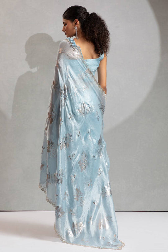 Shelley Blue Satin Silk Beads & Stone Embellished Ready to Wear One Minute Saree