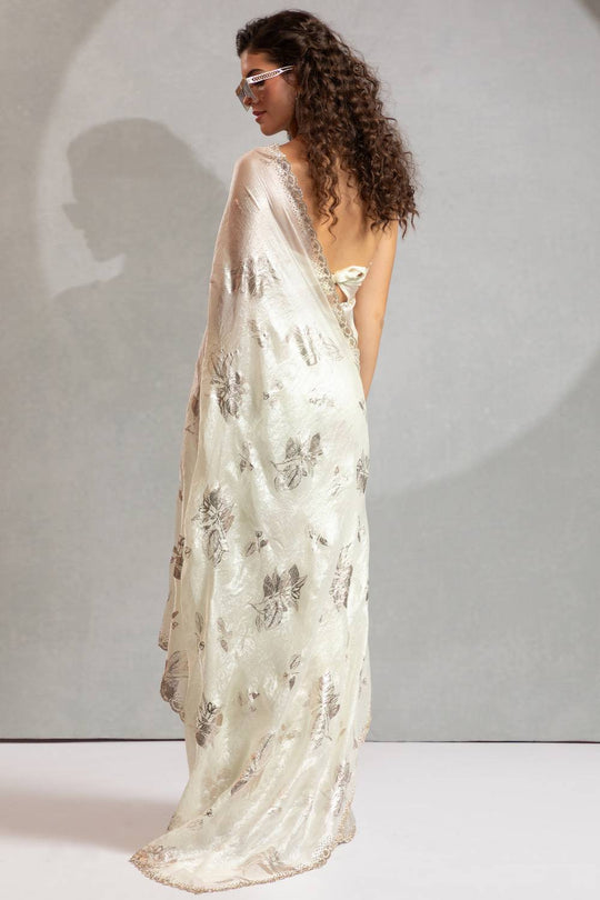 Shelley Off White Satin Silk Beads & Stone Embellished Ready to Wear One Minute Saree