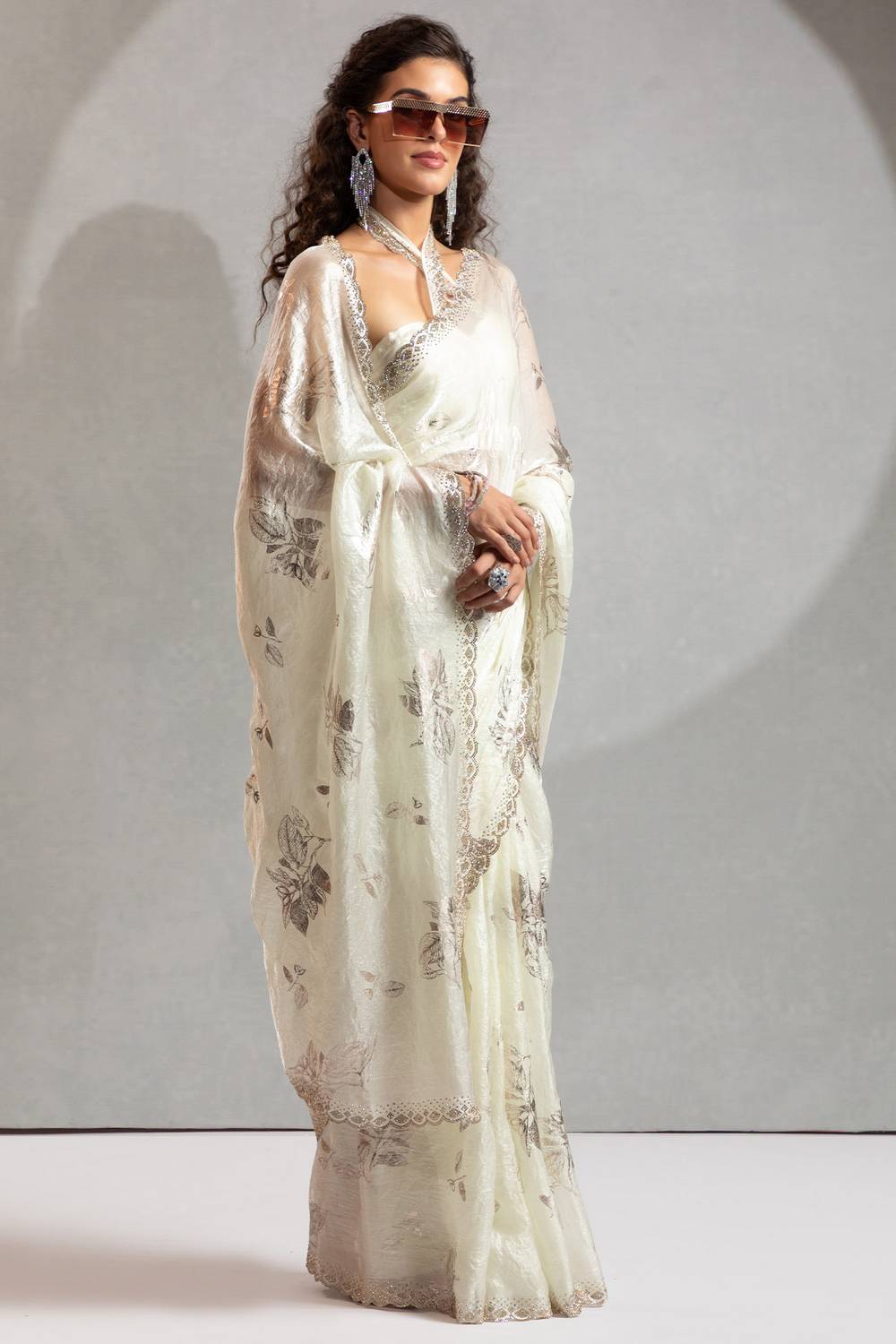 Shelley Off White Satin Silk Beads & Stone Embellished Ready to Wear One Minute Saree