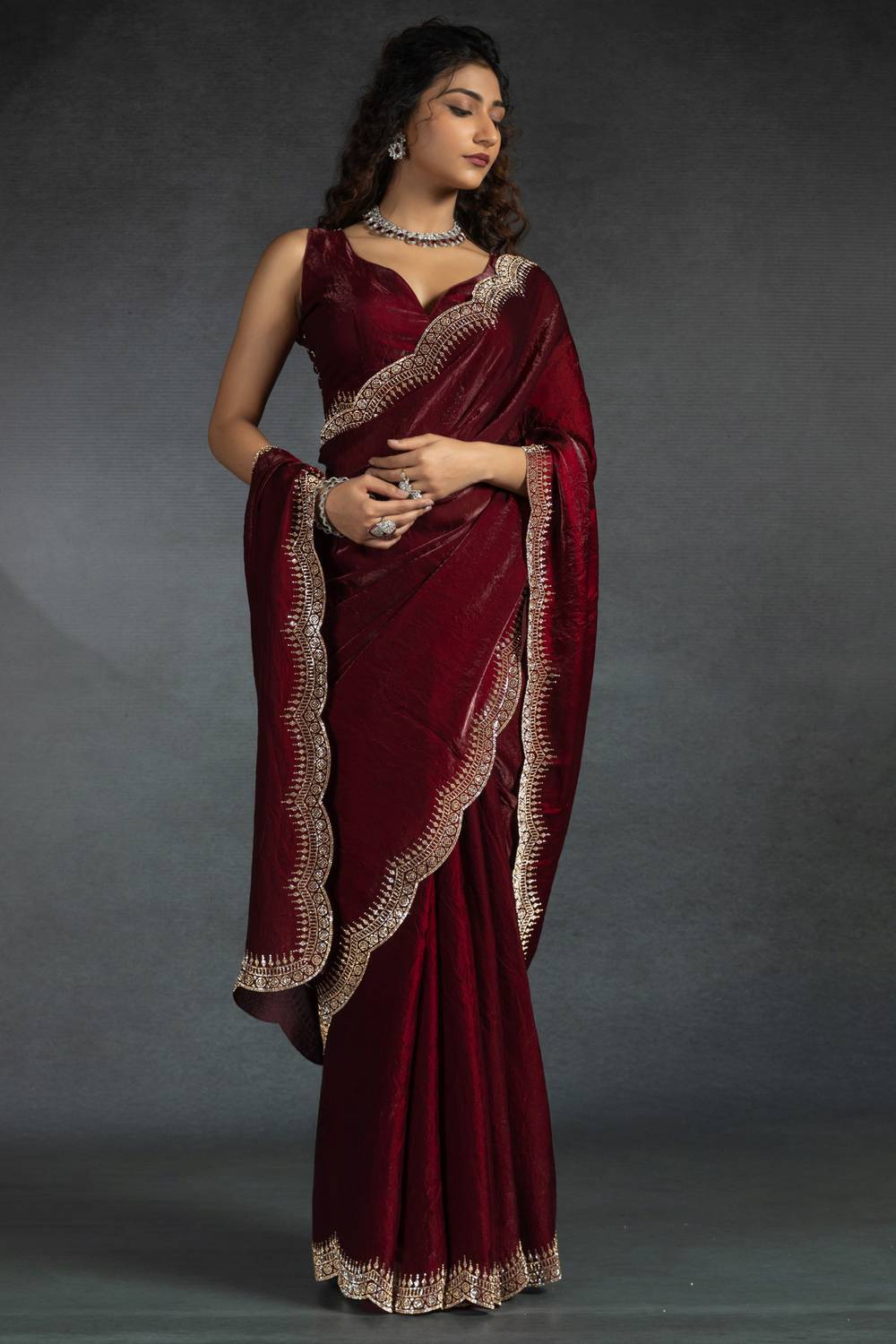 Kaia Maroon Satin Silk Beaded Stone Embellished Designer Ready to Wear One Minute Saree