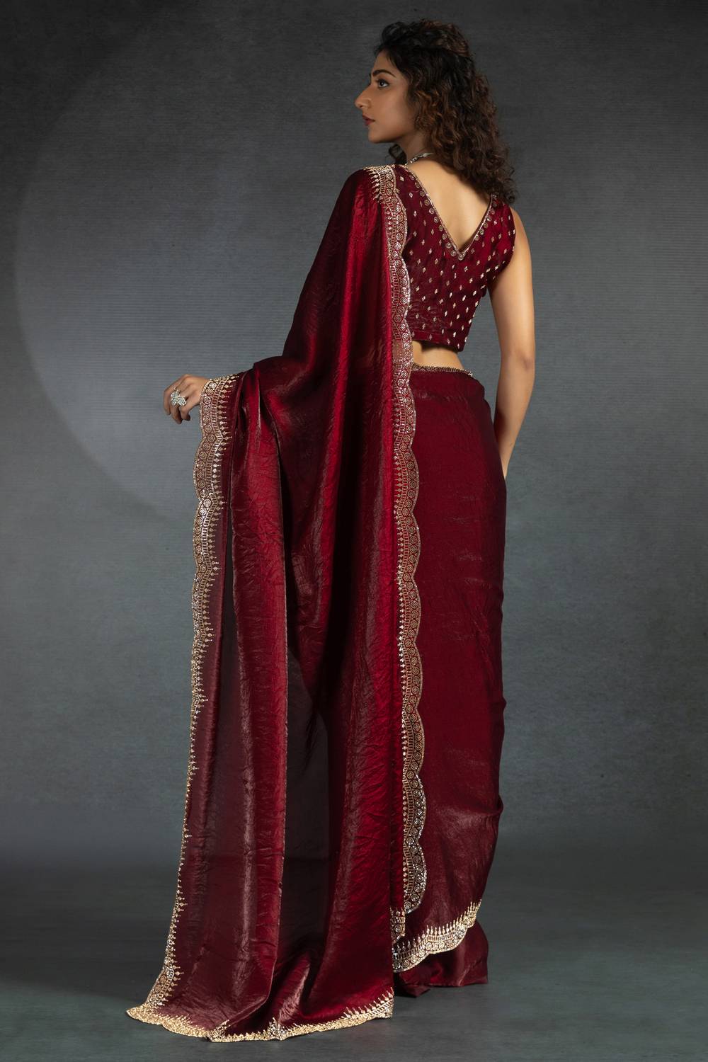 Kaia Maroon Satin Silk Beaded Stone Embellished Designer Ready to Wear One Minute Saree