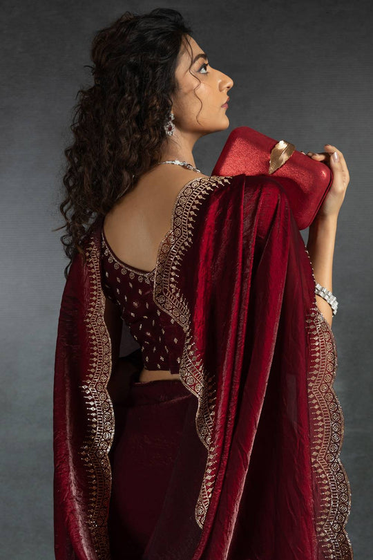 Kaia Maroon Satin Silk Beaded Stone Embellished Designer Ready to Wear One Minute Saree