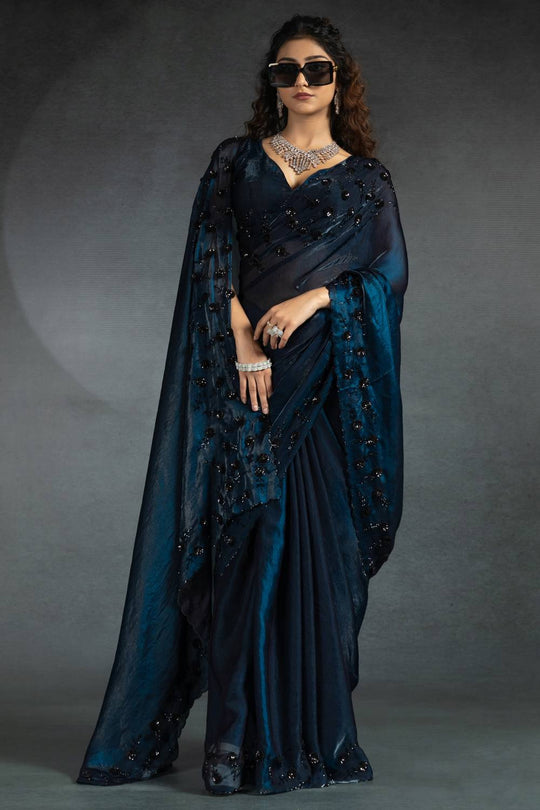 Kaia Blue Satin Silk Beaded Stone Embellished Designer Ready to Wear One Minute Saree