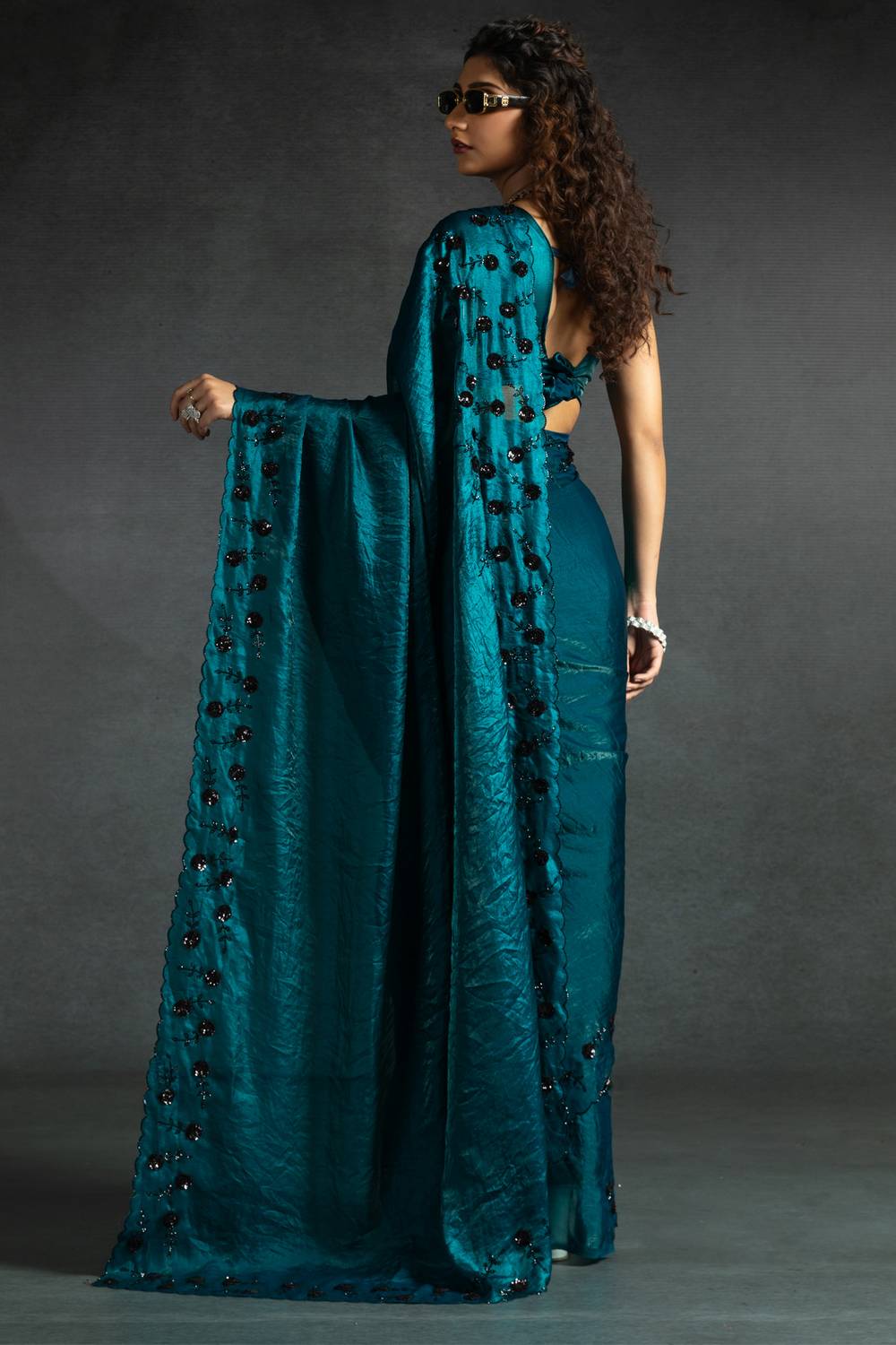 Kaia Teal Blue Satin Silk Beaded Stone Embellished Designer Ready to Wear One Minute Saree