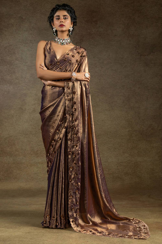 Kaia Metallic Bronze Satin Silk Beaded Stone Embellished Designer Ready to Wear One Minute Saree