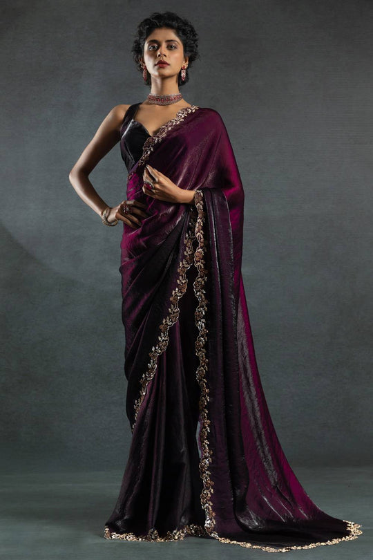 Kaia Wine Satin Silk Designer Saree with Beads & Stone Embellished Ready to Wear One Minute Saree