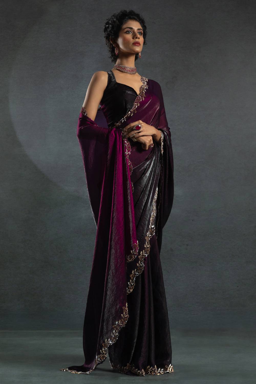 Kaia Wine Satin Silk Designer Saree with Beads & Stone Embellished Ready to Wear One Minute Saree