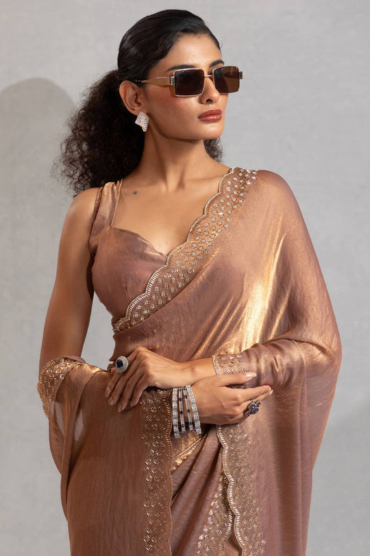 Priya Beige Satin Silk Saree with Embellished Border Ready to Wear One Minute Saree