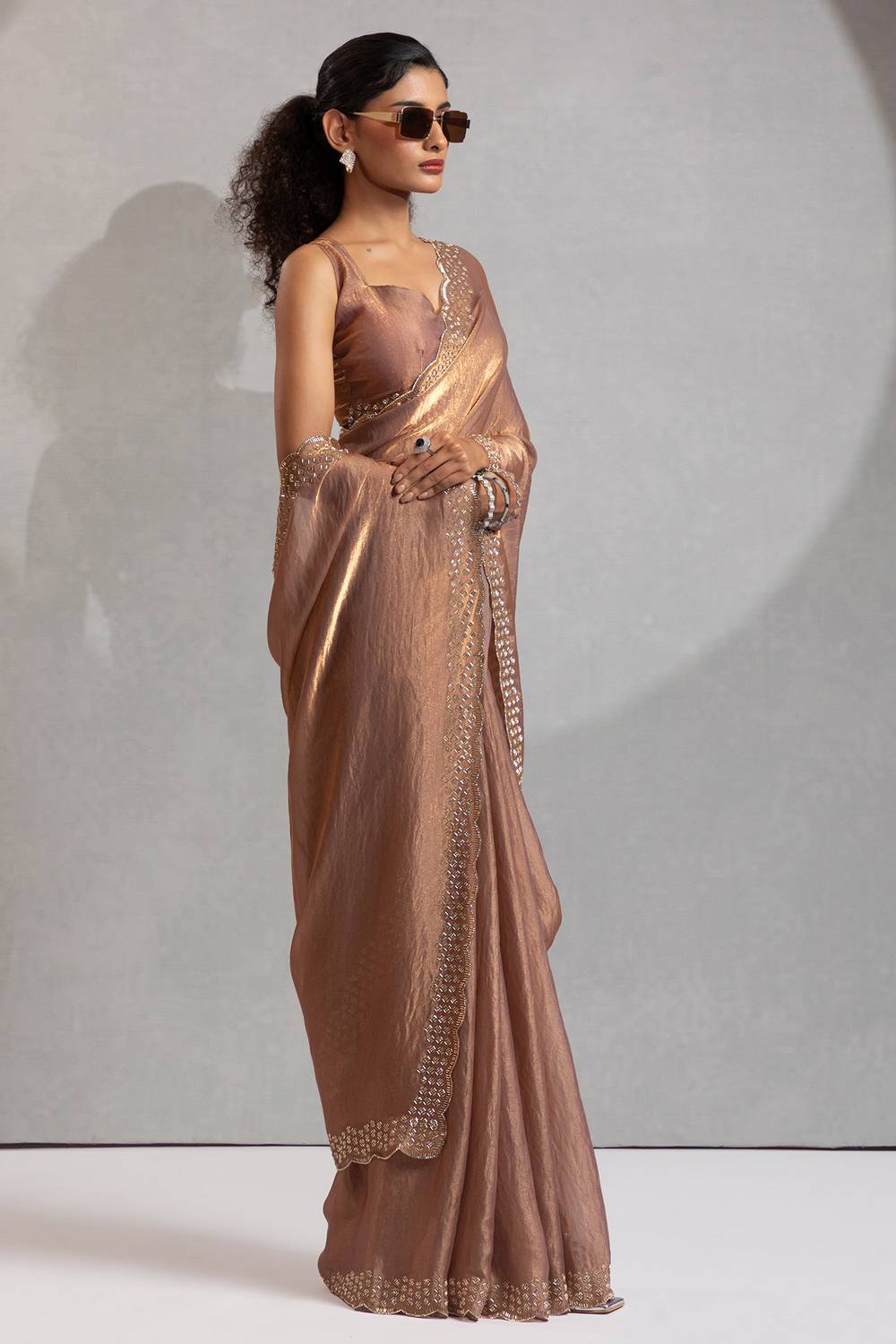 Priya Beige Satin Silk Saree with Embellished Border Ready to Wear One Minute Saree