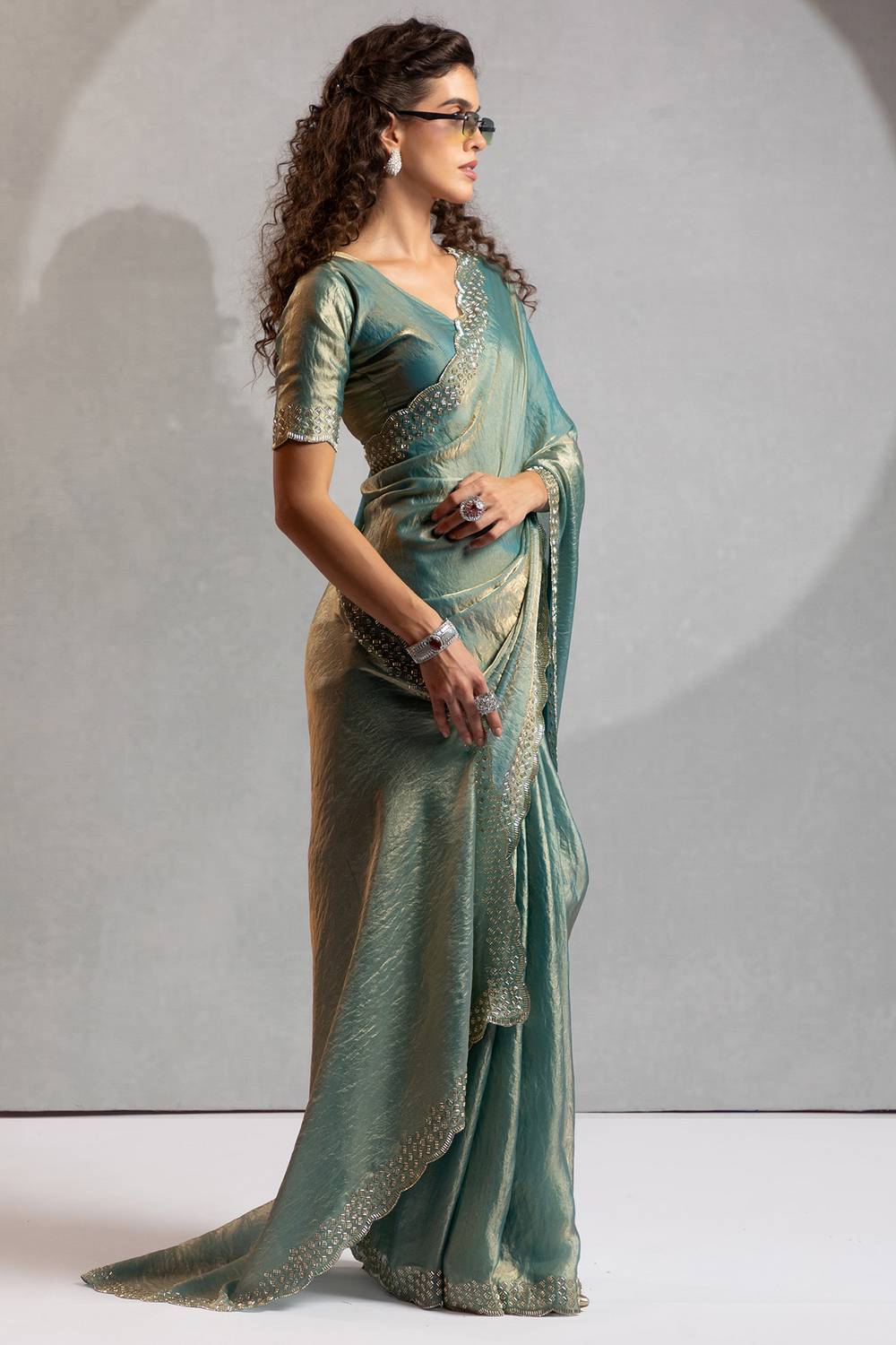 Priya Teal Green Satin Silk Saree with Embellished Border Ready to Wear One Minute Saree