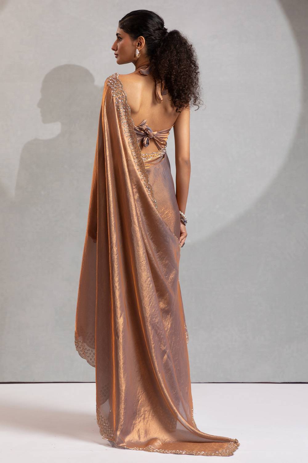 Priya Taupe Gold Satin Silk Saree with Embellished Border Ready to Wear One Minute Saree