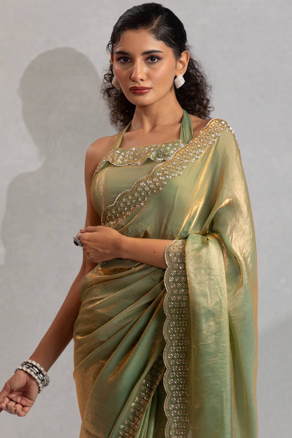 Priya Pastel Sage Green With Gold Shimmer Satin Silk Ready to Wear One Minute Saree