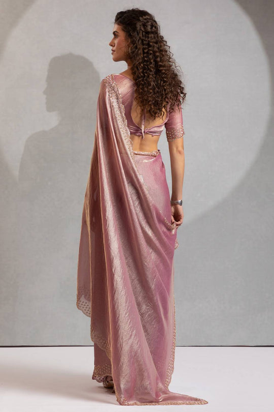 Priya Dusty Rose Pink Satin Silk Saree with Embellished Border Ready to Wear One Minute Saree