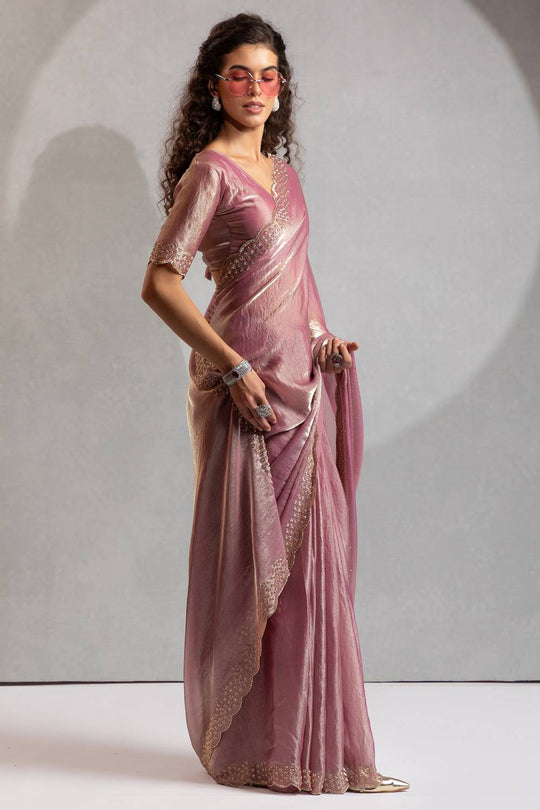 Priya Dusty Rose Pink Satin Silk Saree with Embellished Border Ready to Wear One Minute Saree