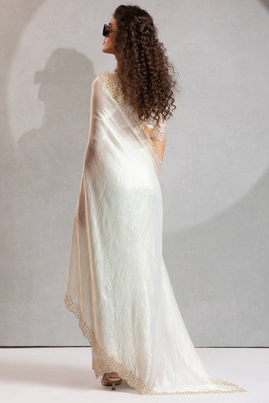 Priya Off White Satin Silk Saree with Embellished Border Ready to Wear One Minute Saree