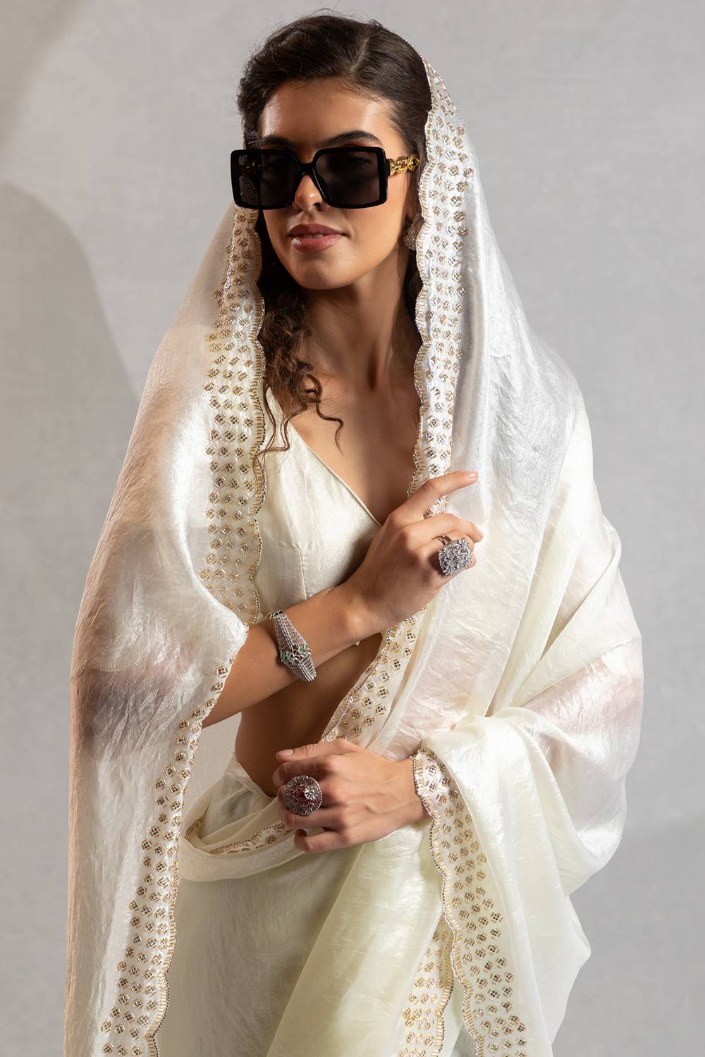 Priya Off White Satin Silk Saree with Embellished Border Ready to Wear One Minute Saree