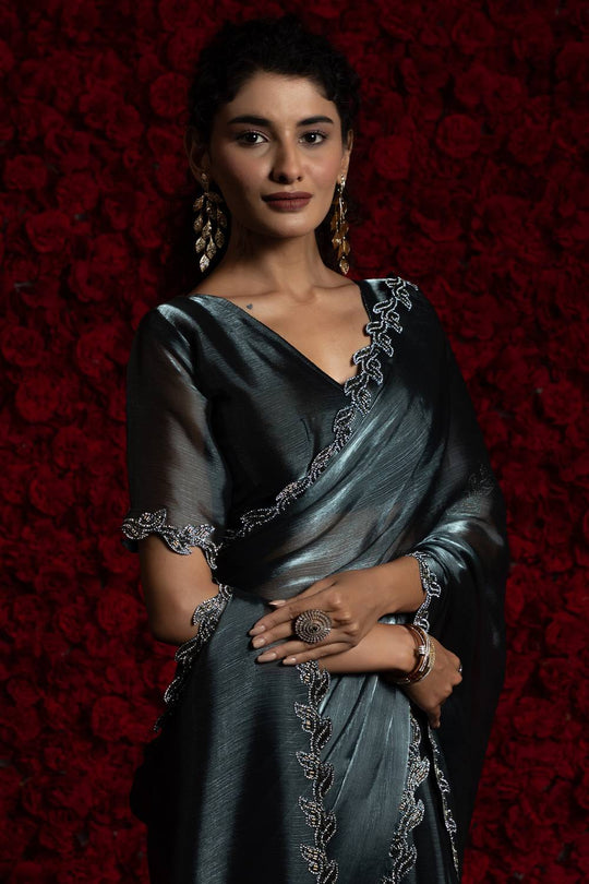 Alina Grey Tissue Saree with Embellished Border Ready to Wear One Minute Saree