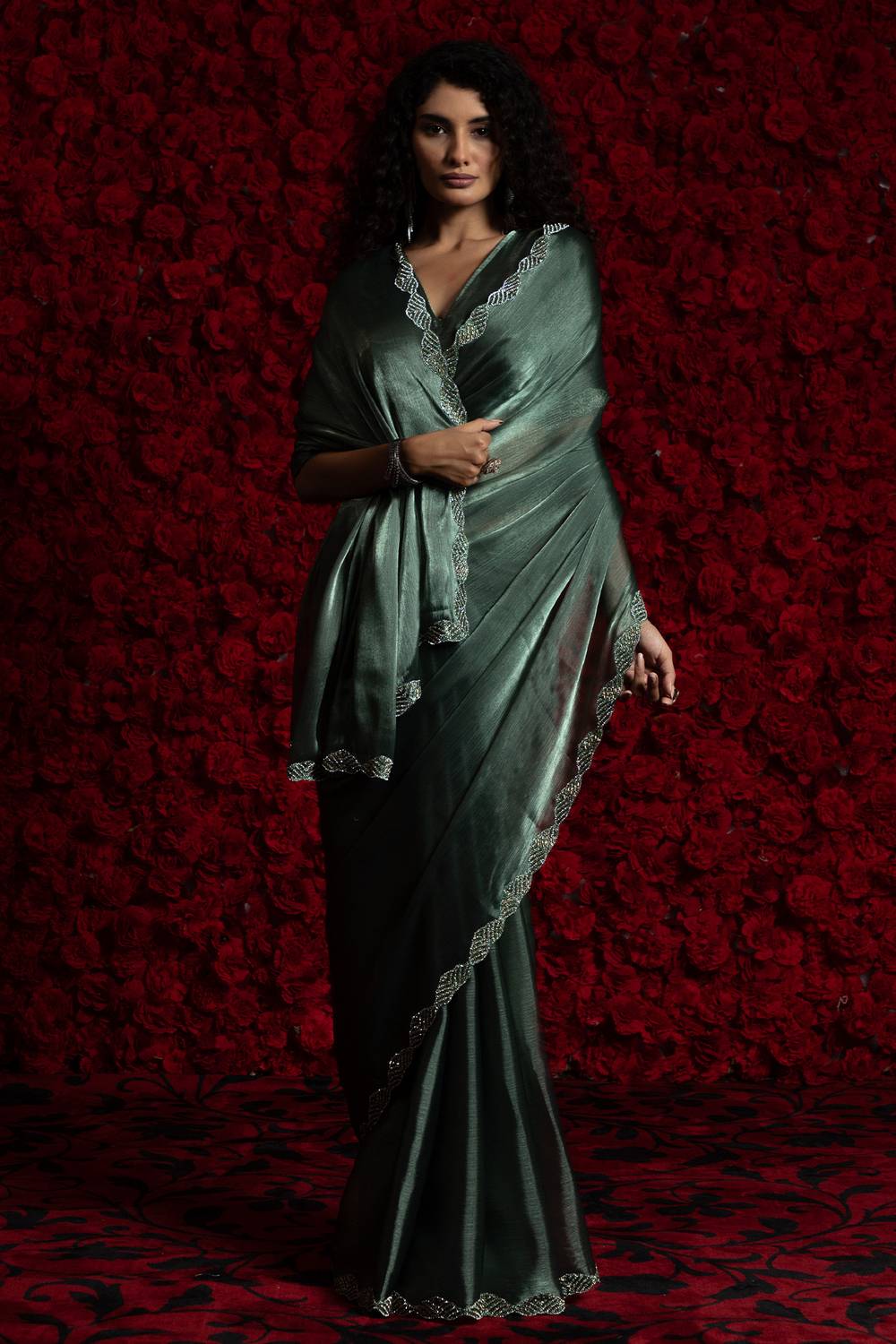 Alina Teal Green Tissue Saree with Embellished Border Ready to Wear One Minute Saree