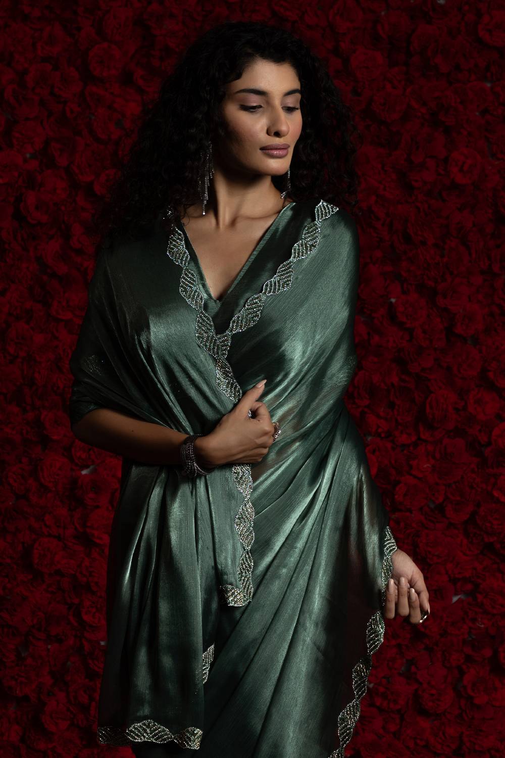 Alina Teal Green Tissue Saree with Embellished Border Ready to Wear One Minute Saree