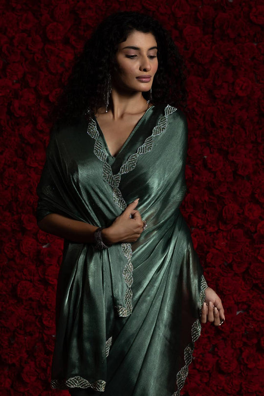 Alina Teal Green Tissue Saree with Embellished Border Ready to Wear One Minute Saree