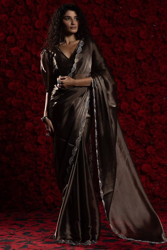 Alina Brown Tissue Saree with Embellished Border Ready to Wear One Minute Saree