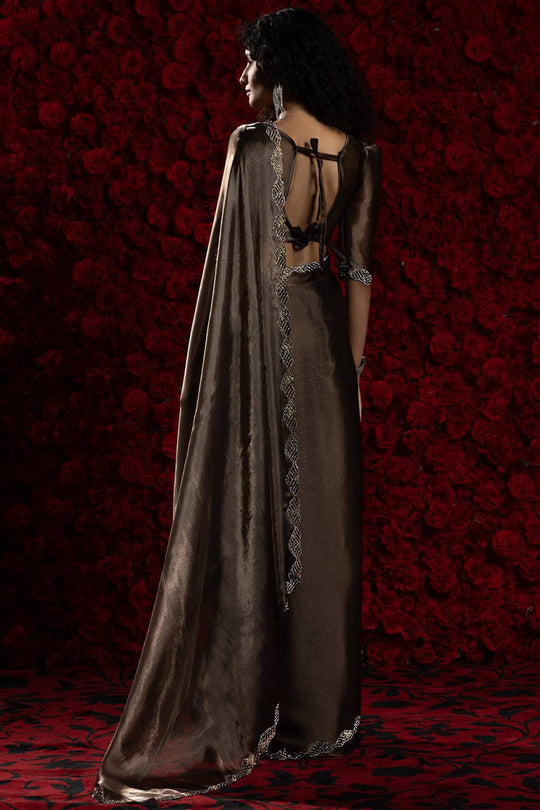 Alina Brown Tissue Saree with Embellished Border Ready to Wear One Minute Saree