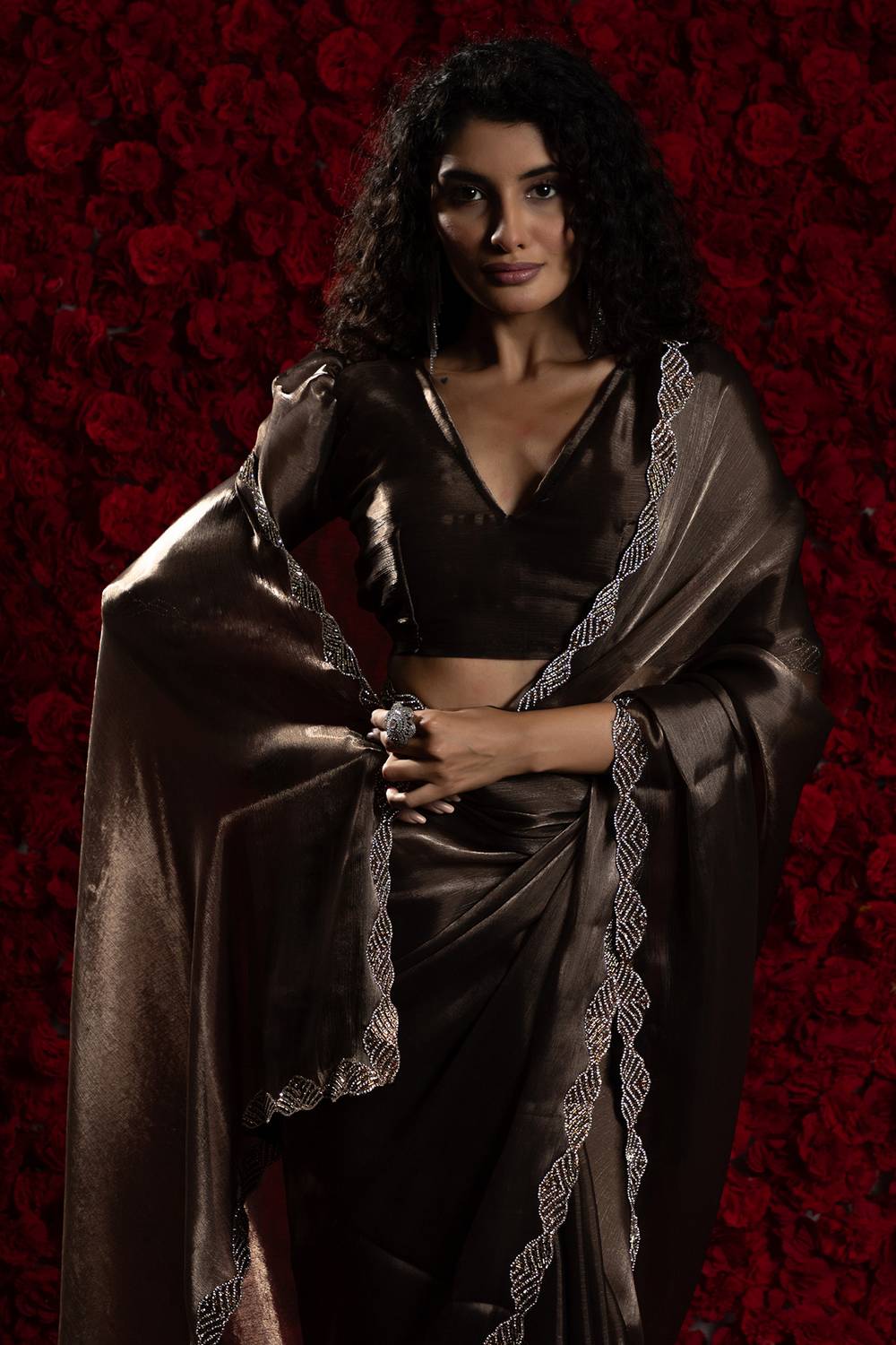 Alina Brown Tissue Saree with Embellished Border Ready to Wear One Minute Saree