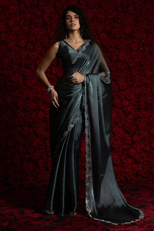 Alina Charcoal Grey Tissue Saree with Embellished Border Ready to Wear One Minute Saree