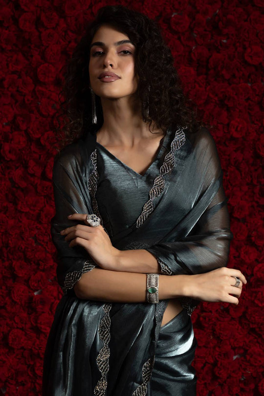 Alina Charcoal Grey Tissue Saree with Embellished Border Ready to Wear One Minute Saree