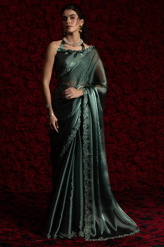 Alina Teal Green Tissue Saree with Embellished Border One Minute Saree