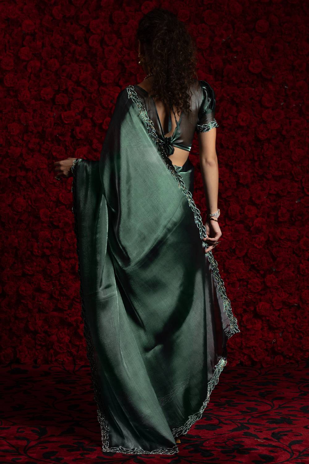 Alina Teal Green Tissue Saree with Embellished Border One Minute Saree