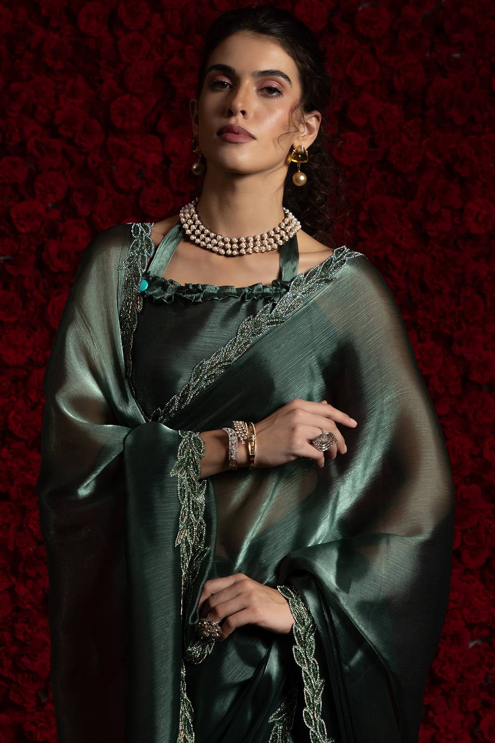 Alina Teal Green Tissue Saree with Embellished Border One Minute Saree