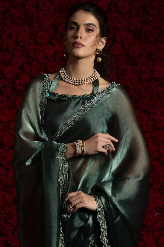 Alina Teal Green Tissue Saree with Embellished Border One Minute Saree