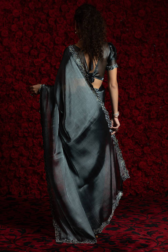 Alina Charcoal Grey Tissue Saree with Embellished Border Pre drapped Ready to Wear One Minute Saree