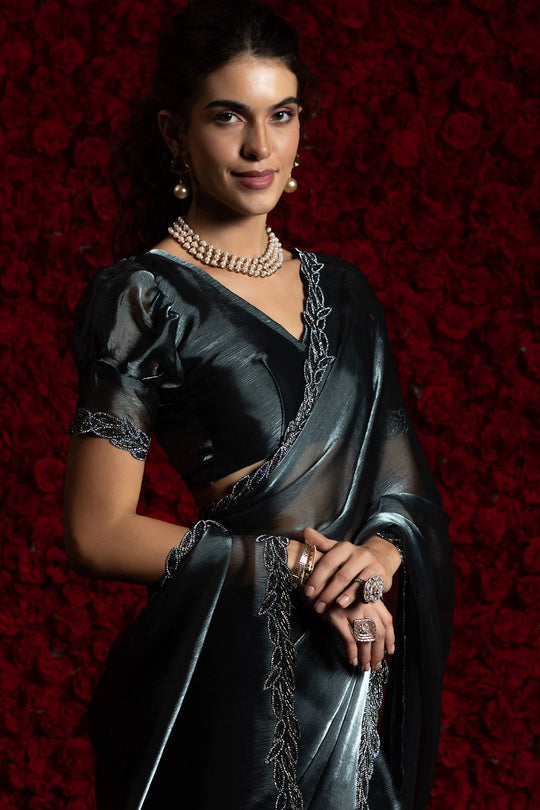 Alina Charcoal Grey Tissue Saree with Embellished Border Pre drapped Ready to Wear One Minute Saree