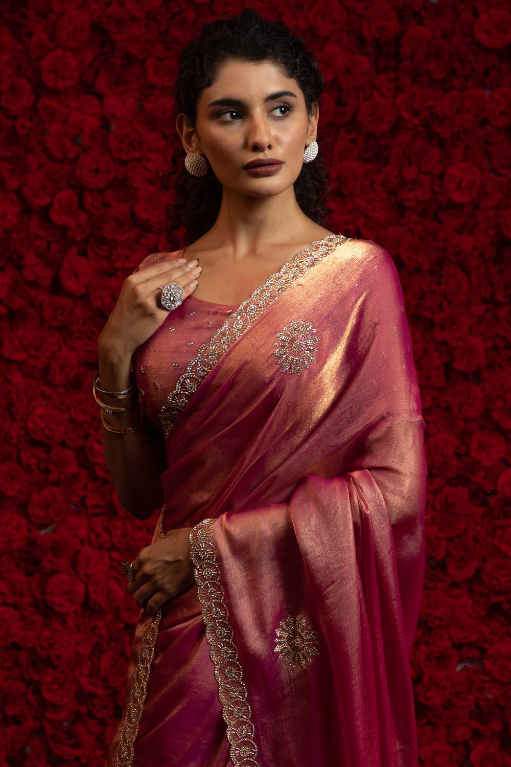 Aria Rose Pink Chiffon Saree with Embellished Border Ready to Wear One Minute Saree