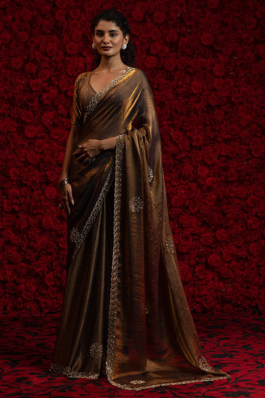 Aria Bronze Gold Chiffon Saree with Embellished Border Ready to Wear One Minute Saree
