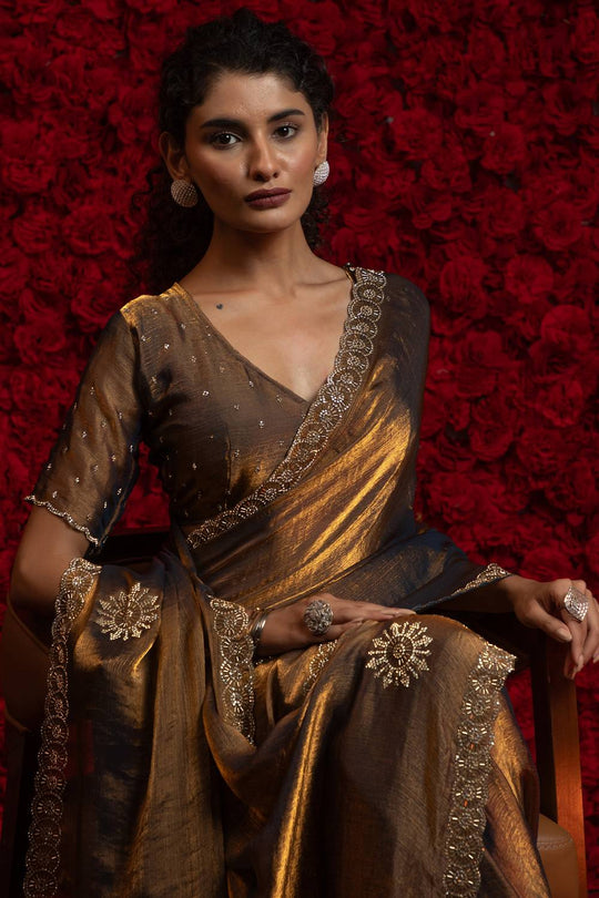 Aria Bronze Gold Chiffon Saree with Embellished Border Ready to Wear One Minute Saree
