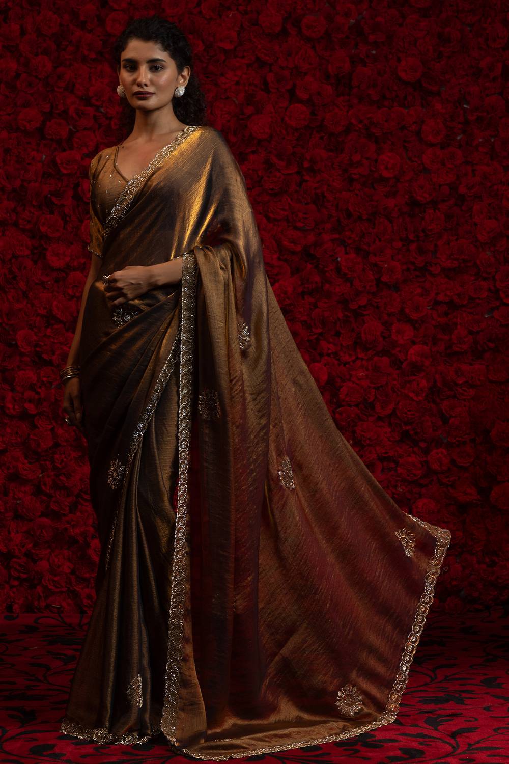 Aria Bronze Gold Chiffon Saree with Embellished Border Ready to Wear One Minute Saree