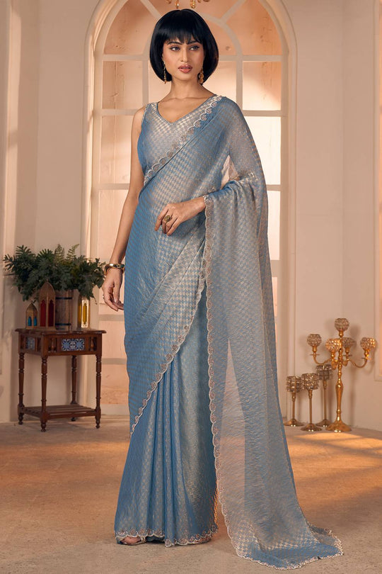 Oriana Pastel Blue with Gold Shimmer Georgette Ready to Wear One Minute Saree