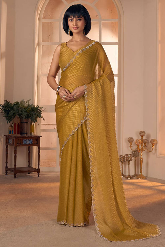 Oriana Mustard Yellow with Gold Shimmer Georgette Ready to Wear One Minute Saree