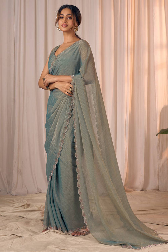 Celine Pastel Sage Green Shimmer Georgette with Embellished Border Ready to Wear One Minute Saree