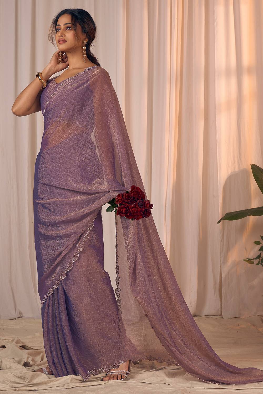 Celine Lavender Shimmer Georgette with Embellished Border Ready to Wear One Minute Saree