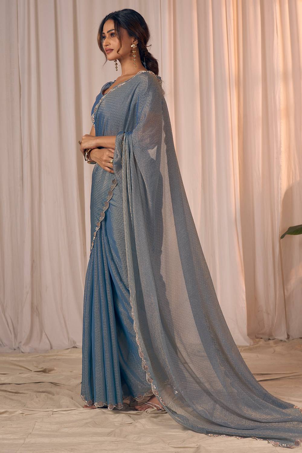 Celine Steel Blue Shimmer Georgette with Embellished Border Ready to Wear One Minute Saree