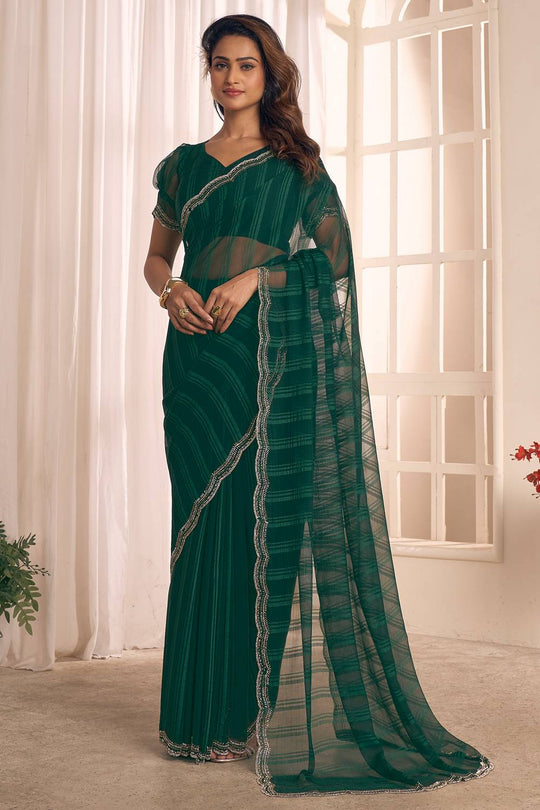 Lana Forest Green Striped Georgette Ready to Wear One Minute Saree
